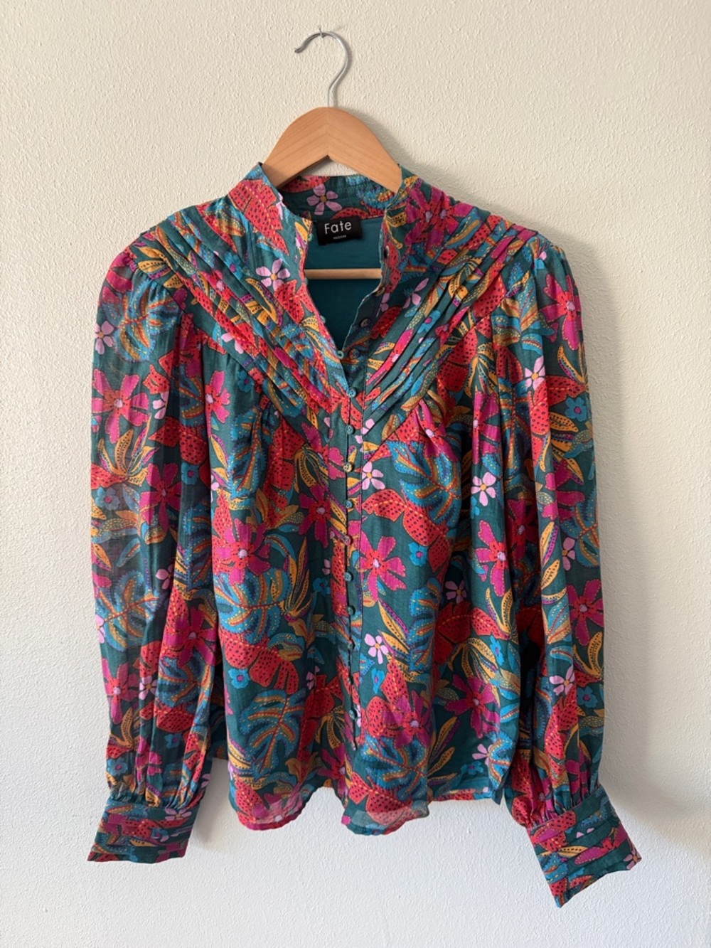 Fate whimsical boho floral teal pink blouse with gorgeous feminine pleats career